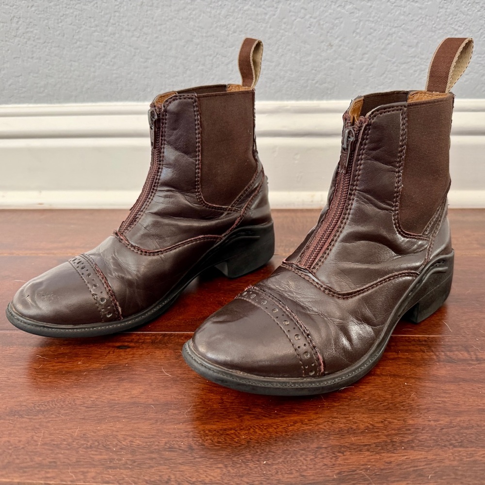 Youth Ovation Brown Leather Zip-Front Paddock Riding Boots Size 3